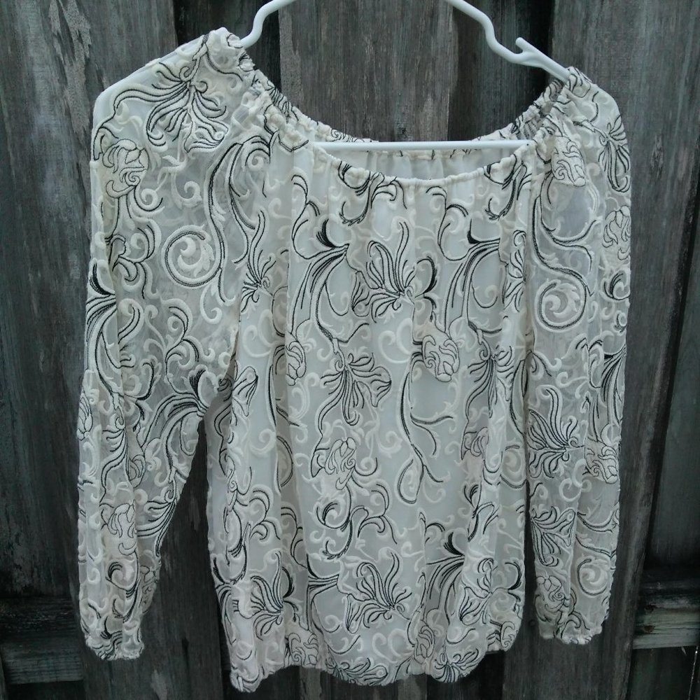 alice + olivia peasant blouse shirt embroidered cream silk XS